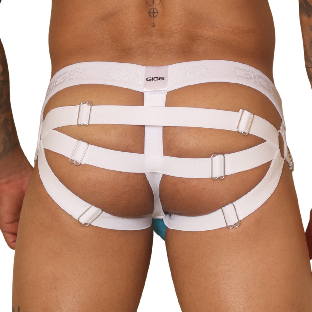 Back view of Gigo blue and white jockstrap, featuring elastic straps with metal adjusters and a branded waistband.