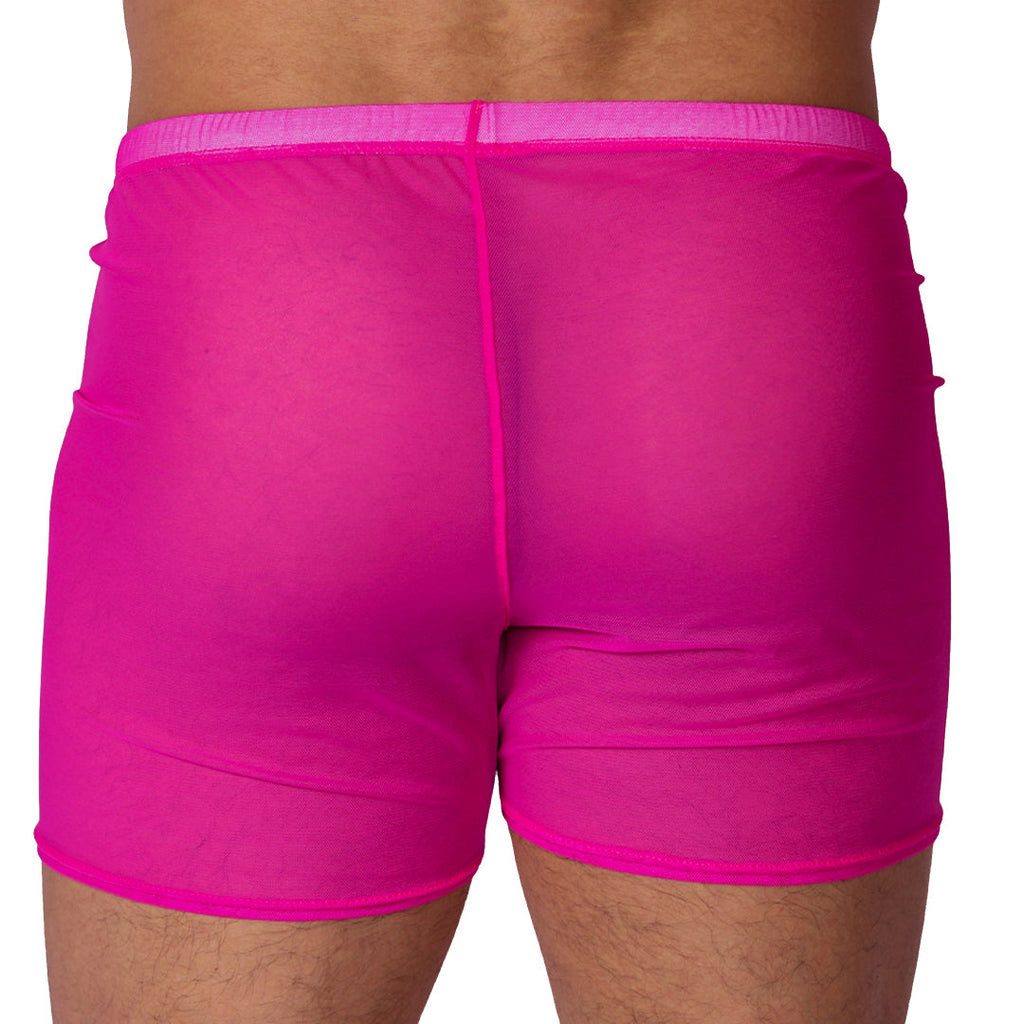 Back view of Gigo Spectrum fuchsia sheer mesh hotshorts with a matching elastic waistband.