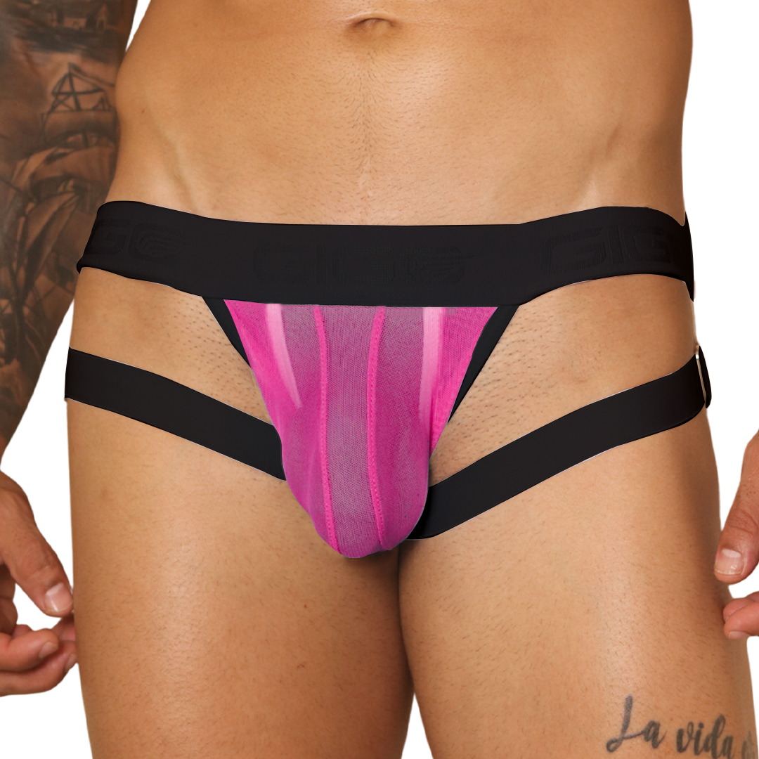 Front view of Gigo Spectrum fuchsia mesh jockstrap with black elastic waistband and straps.