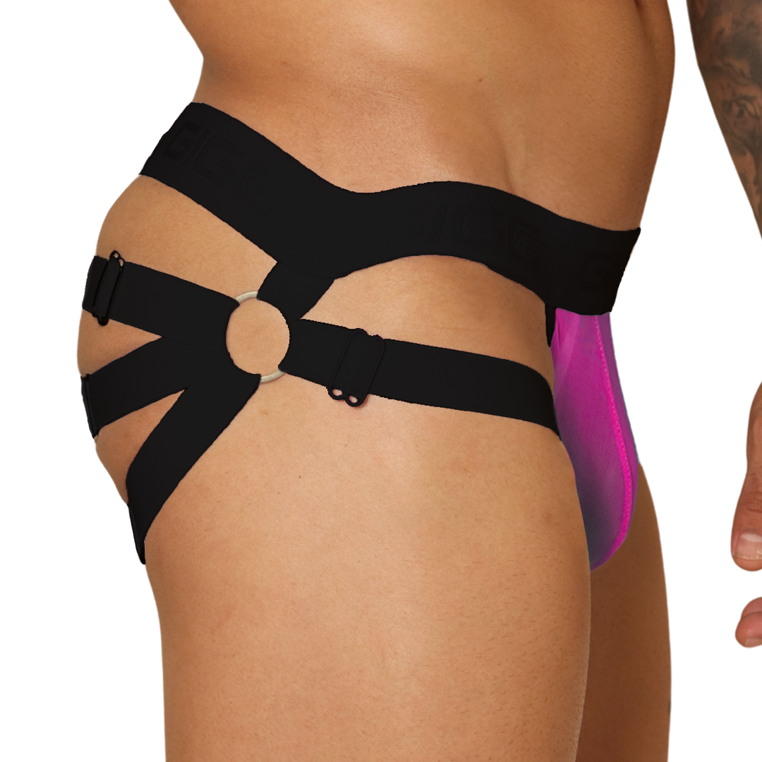 Side view of Gigo Spectrum fuchsia jockstrap with black elastic straps, O-ring detail, and mesh pouch.