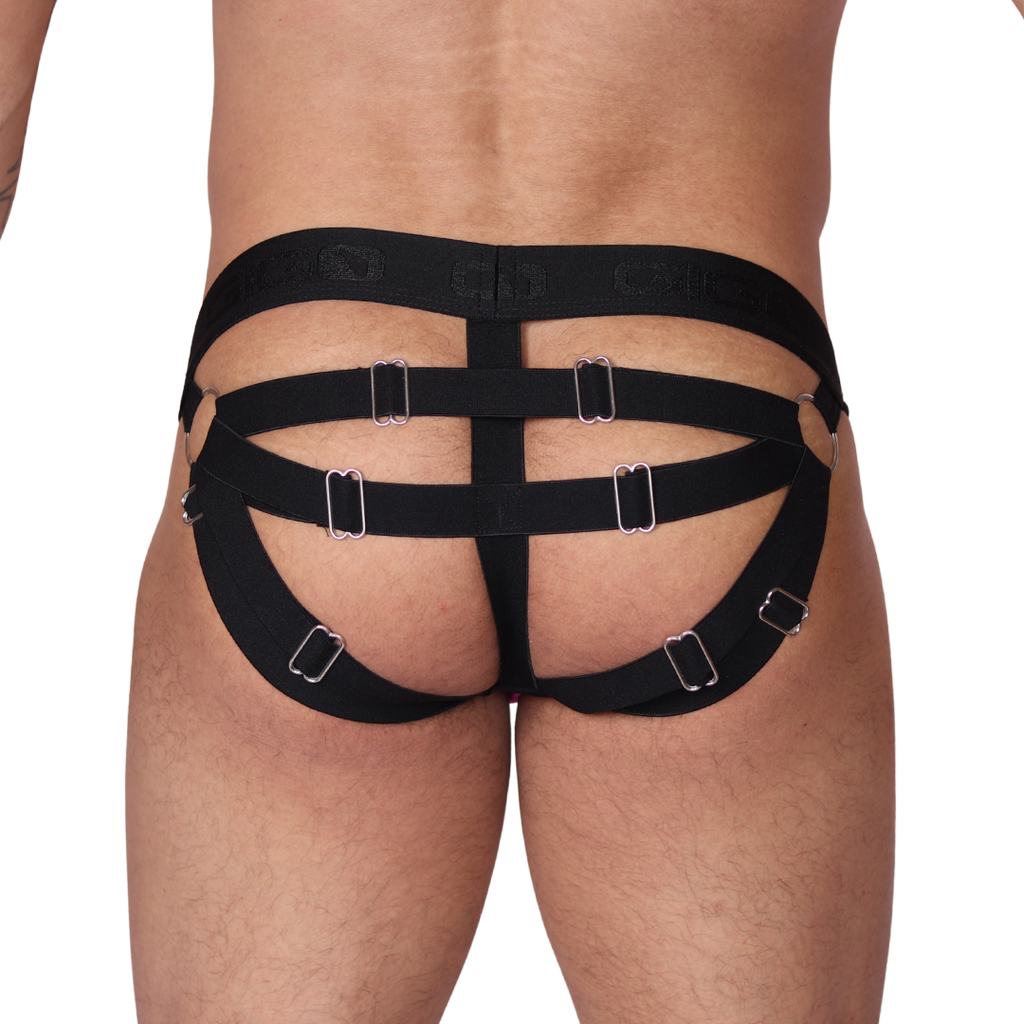 Back view of Gigo Spectrum fuchsia jockstrap with black elastic straps and metal hardware rings.