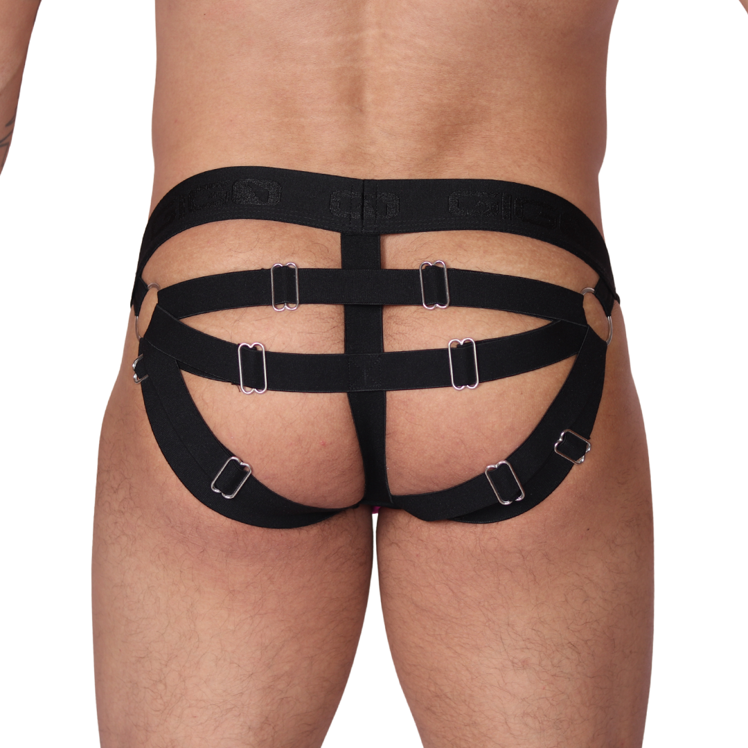 Back view of Gigo Spectrum fuchsia jockstrap with black elastic straps and metal hardware rings.