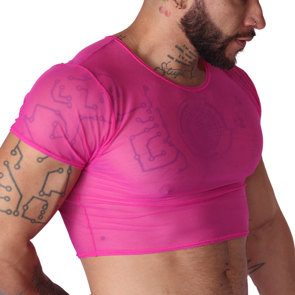 Gigo Spectrum fuchsia sheer mesh crop top, side view showing circuit board pattern and fitted short-sleeve design.