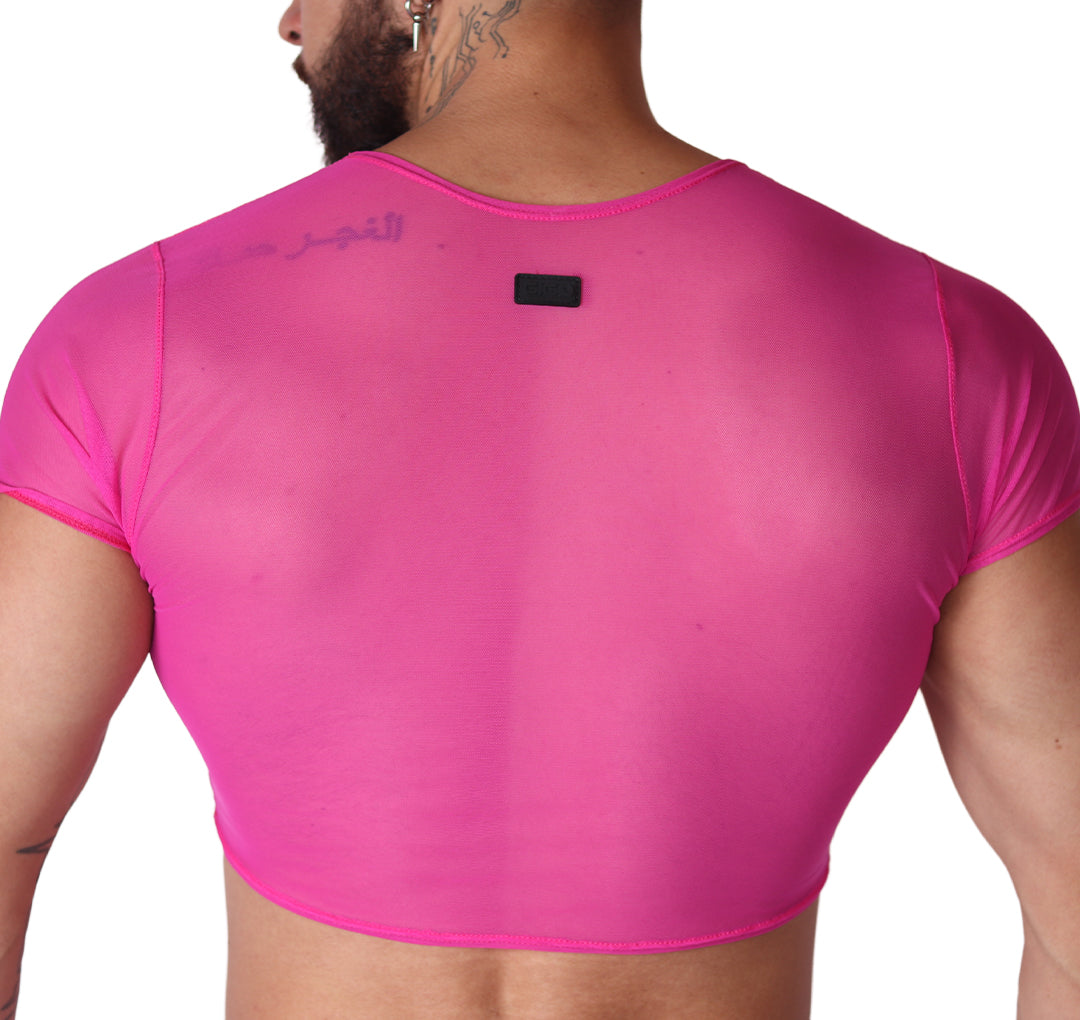 Back view of Gigo Spectrum fuchsia sheer mesh crop top with a small black brand logo tag.