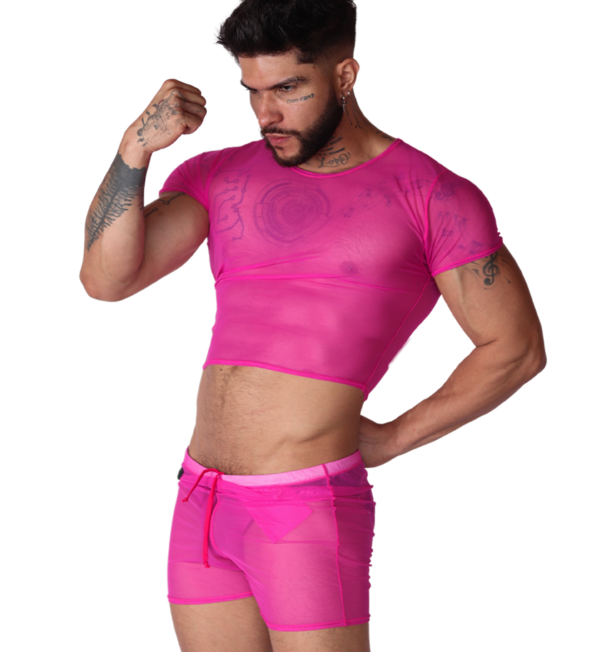 Front view of Gigo Spectrum fuchsia sheer mesh CROP TOP on a male model with matching short shorts.