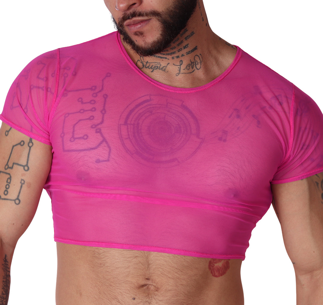 Fuchsia mesh CROP TOP by Gigo Underwear, front view showing sheer fabric and fitted short sleeves.