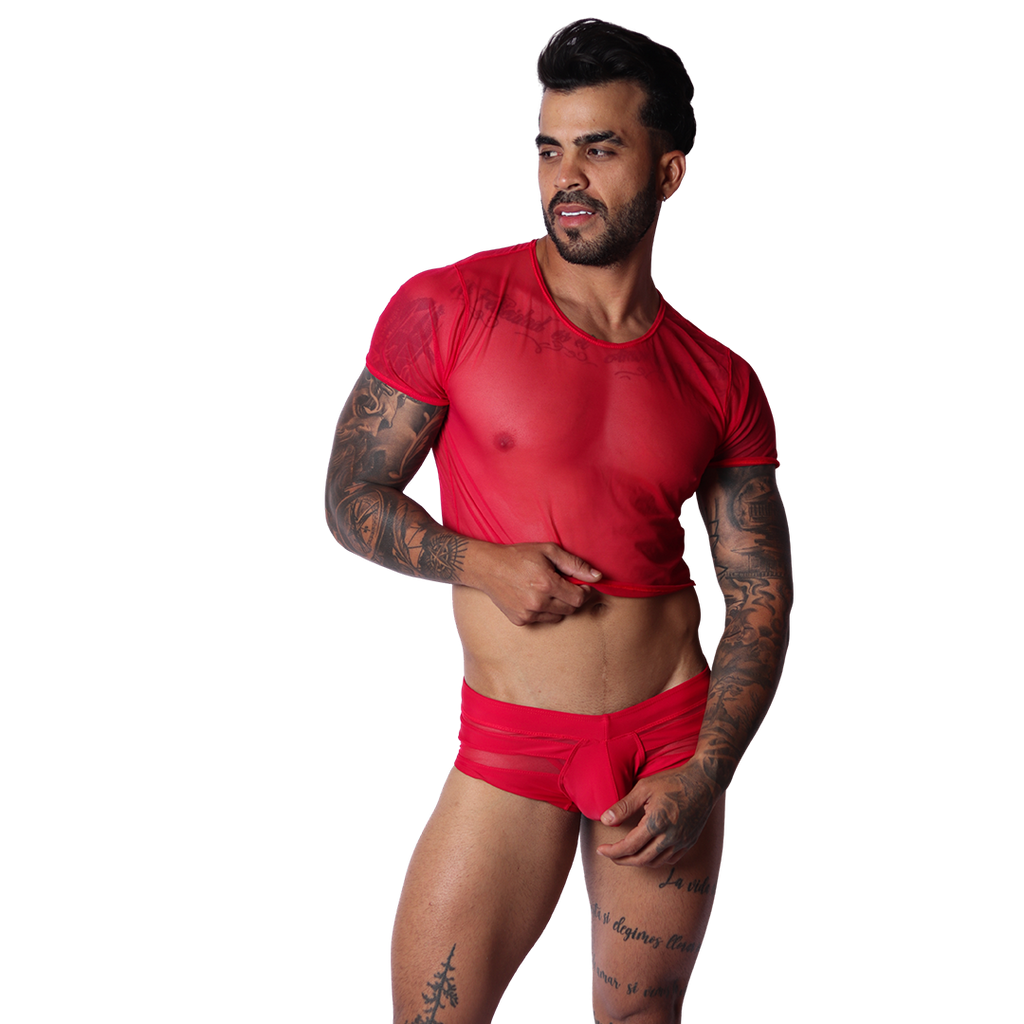 Gigo Spectrum red mesh crop top, front view, short-sleeve sheer fabric design on a tattooed male model.