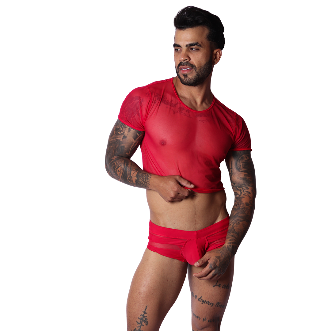 Gigo Spectrum red mesh crop top, front view, short-sleeve sheer fabric design on a tattooed male model.