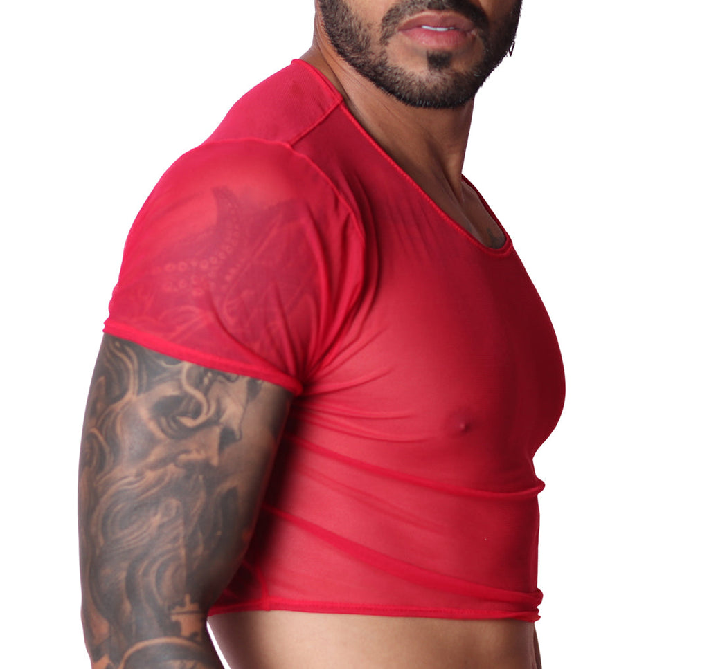 Side view of Gigo Spectrum red sheer mesh CROP TOP on a tattooed man.