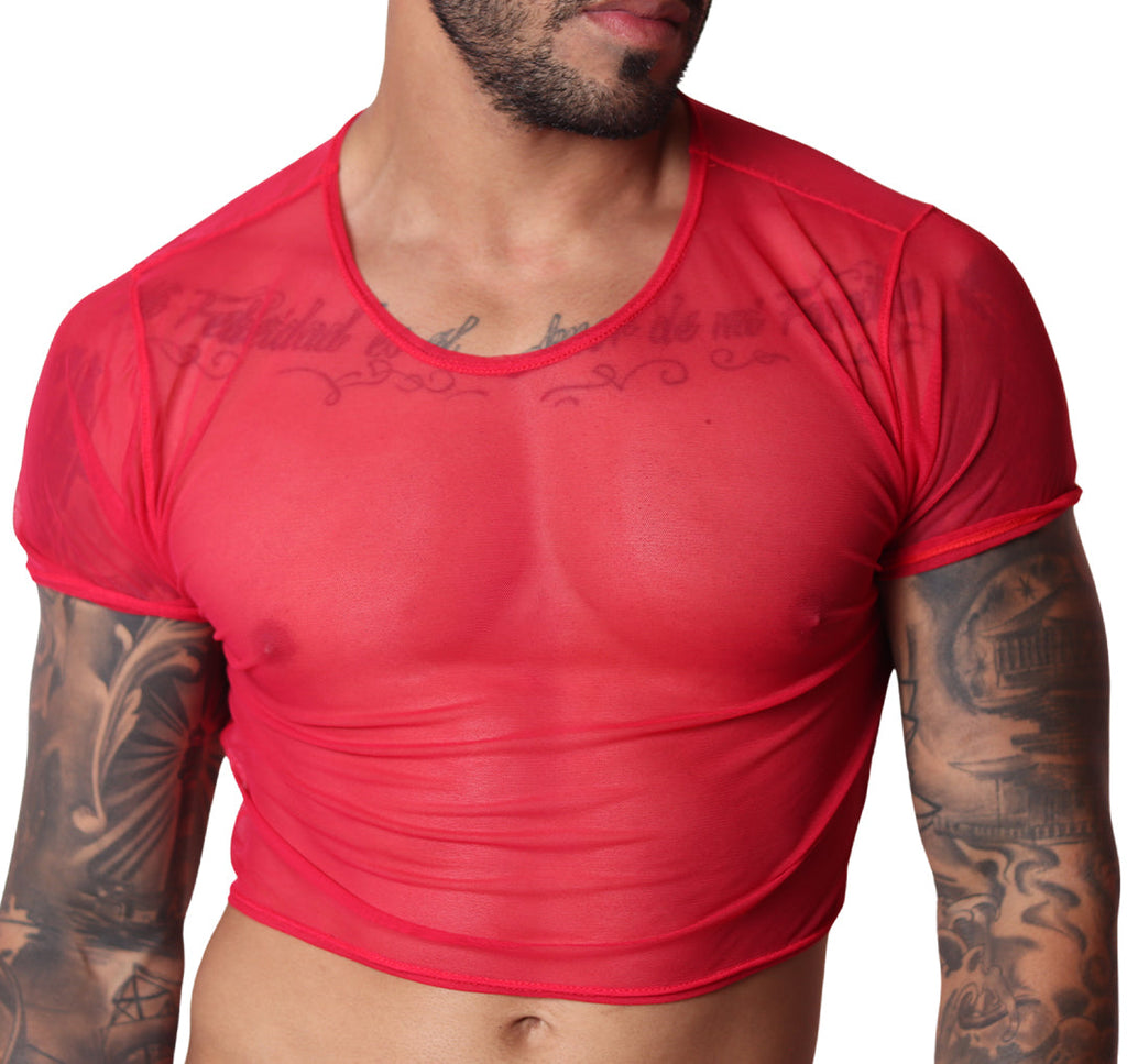 Front view of Gigo Spectrum red sheer mesh crop top on a tattooed man.