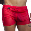 Front view of Gigo Spectrum red sheer mesh hotshorts with black logo patch.