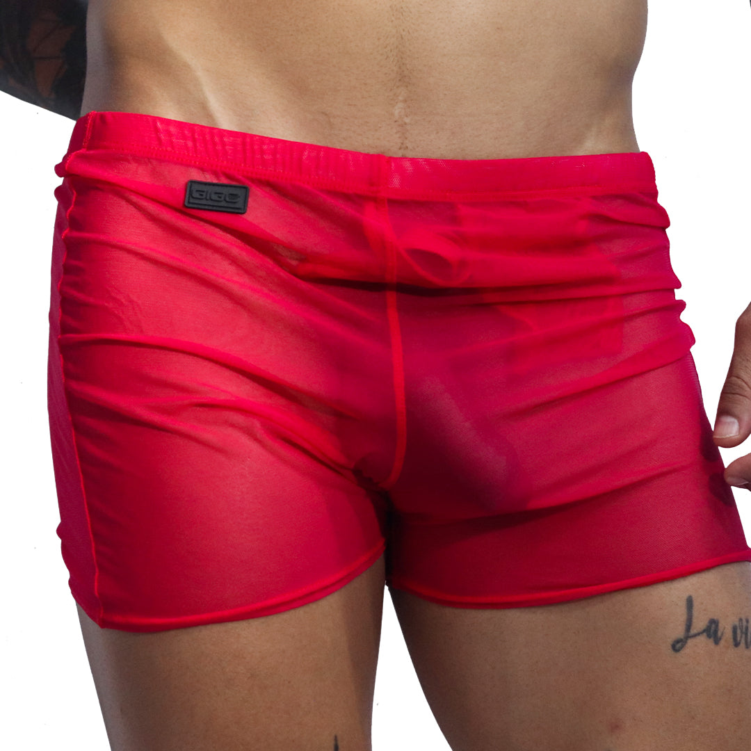 Front view of Gigo Spectrum red sheer mesh hotshorts with black logo patch.