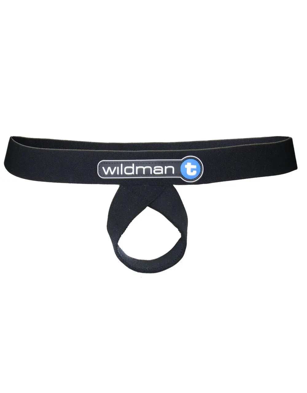 Black strap with a blue "wildman t" logo and a lower loop, on white.