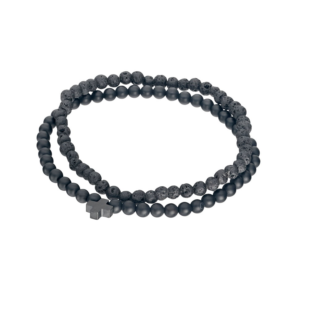 Blaze Lava & Matte Onyx Bead Bracelet Pair with Black Cross