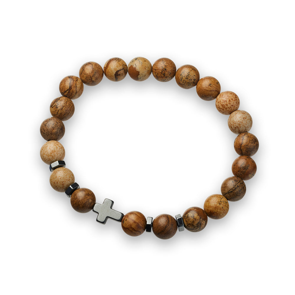 Blaze Jasper Beaded Bracelet with Steel Cross Pendant