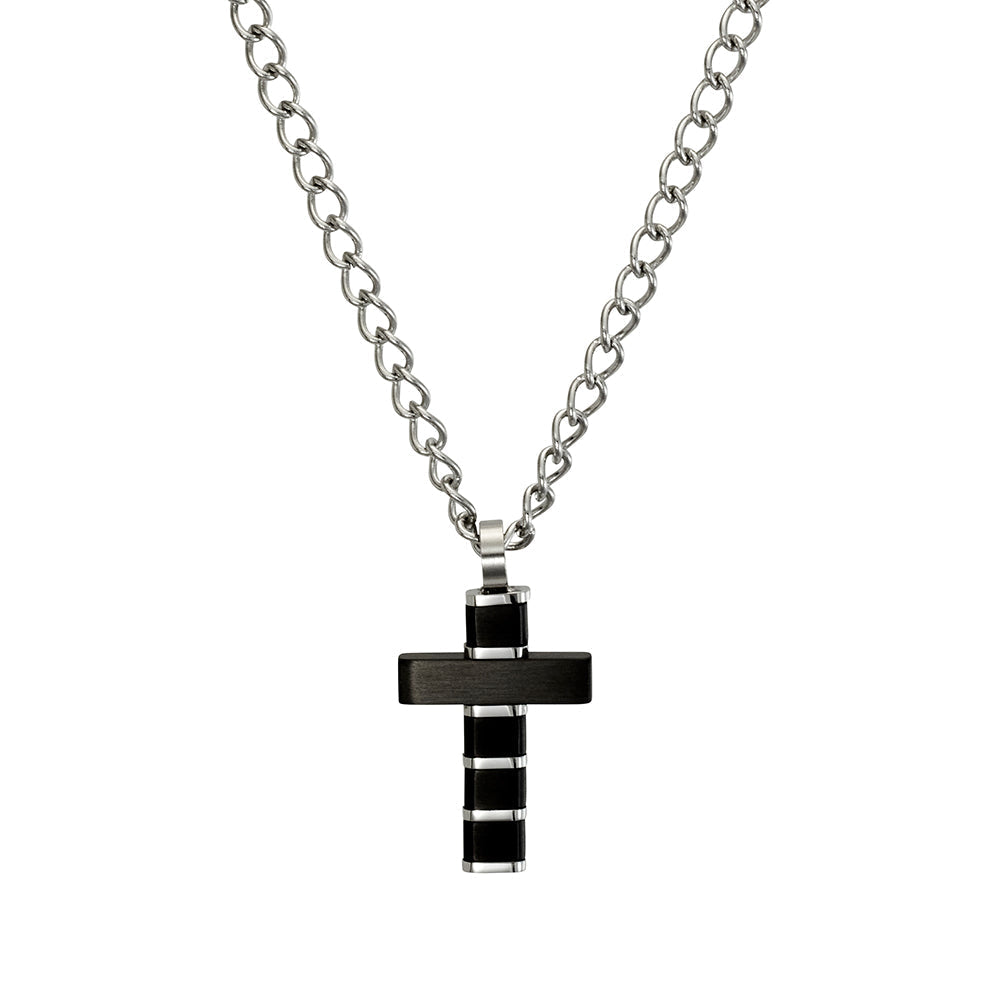 Men's Flat Black Stainless Steel Cross Pendant Necklace, 55cm Curb Chain