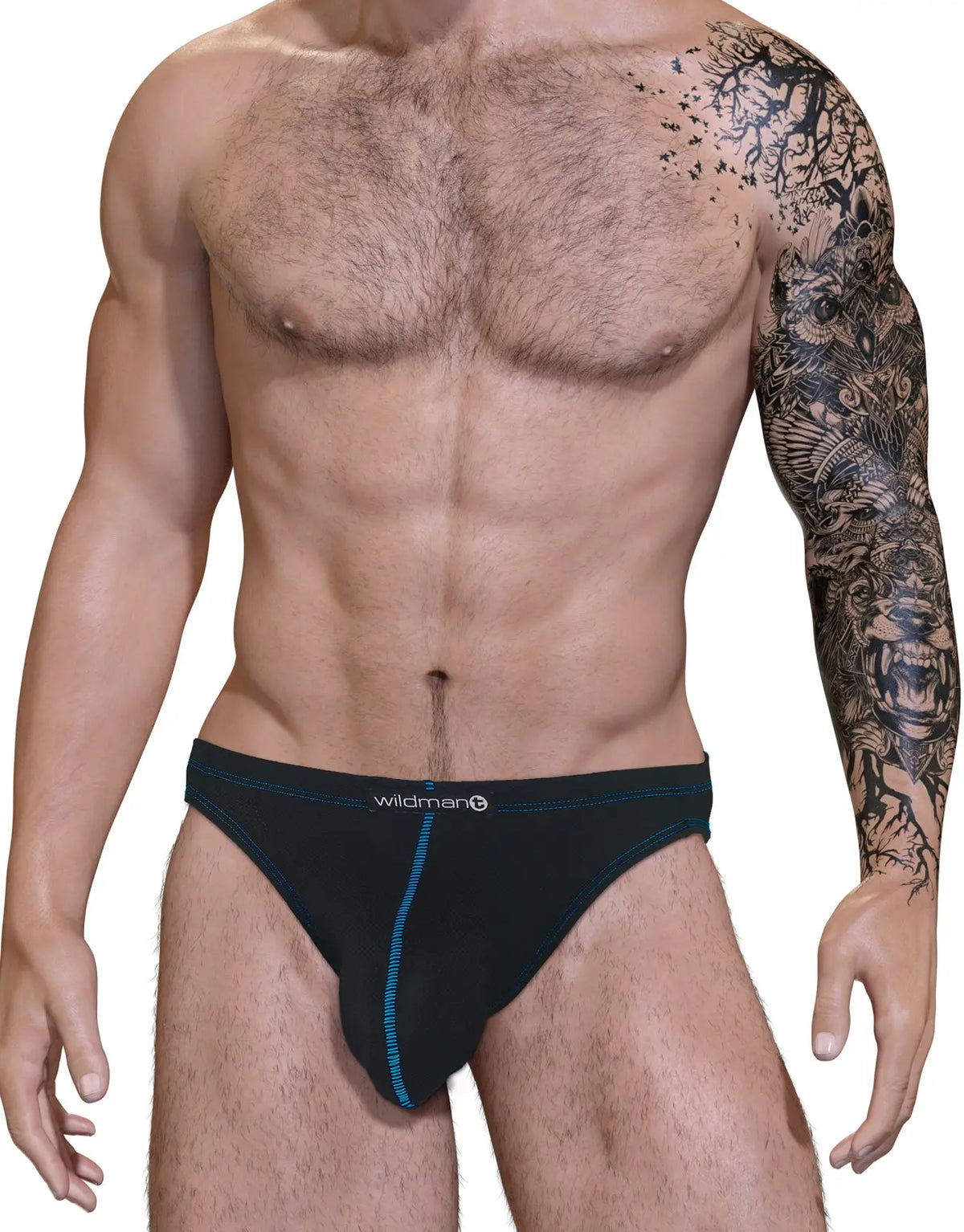 Torso of a person in black briefs with blue trim, right arm tattooed.