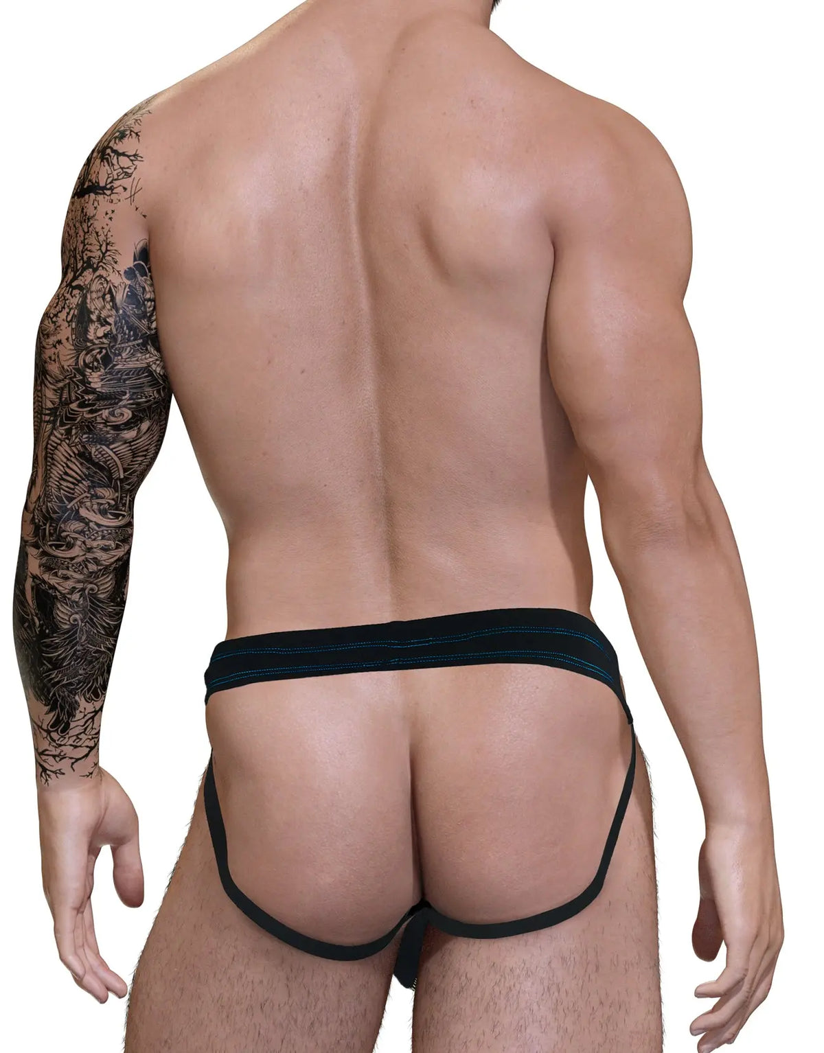 Rear view of a person with a tattooed left arm wearing black underwear.
