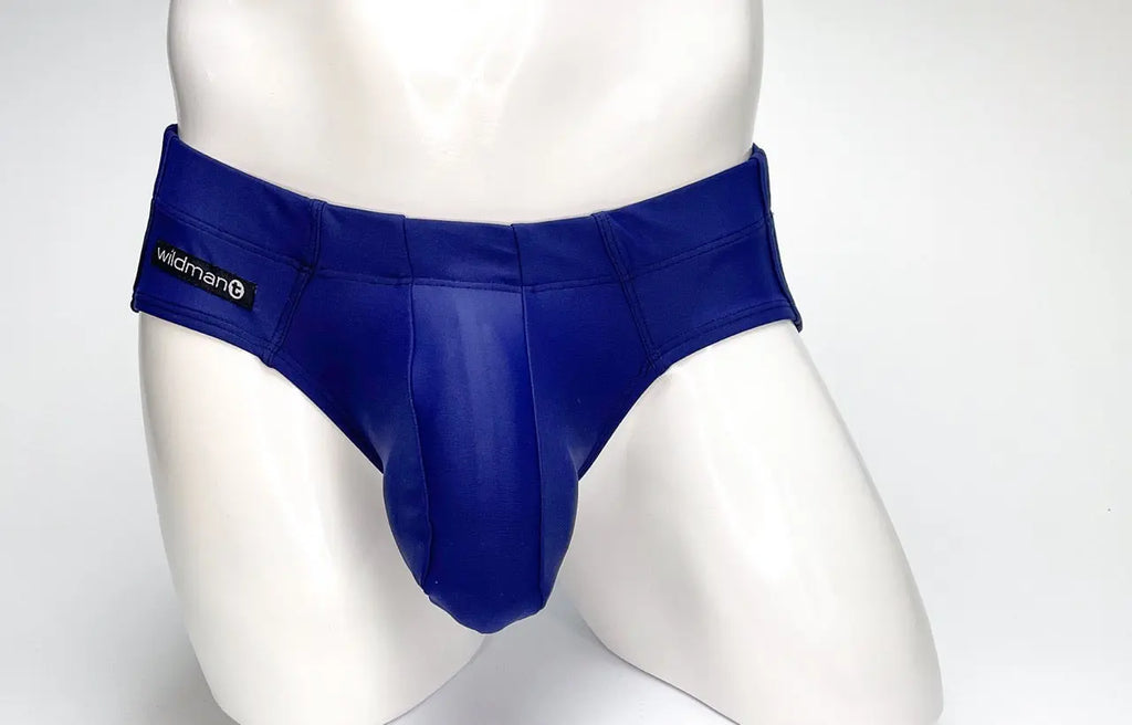 Blue briefs with a black label on a white mannequin.