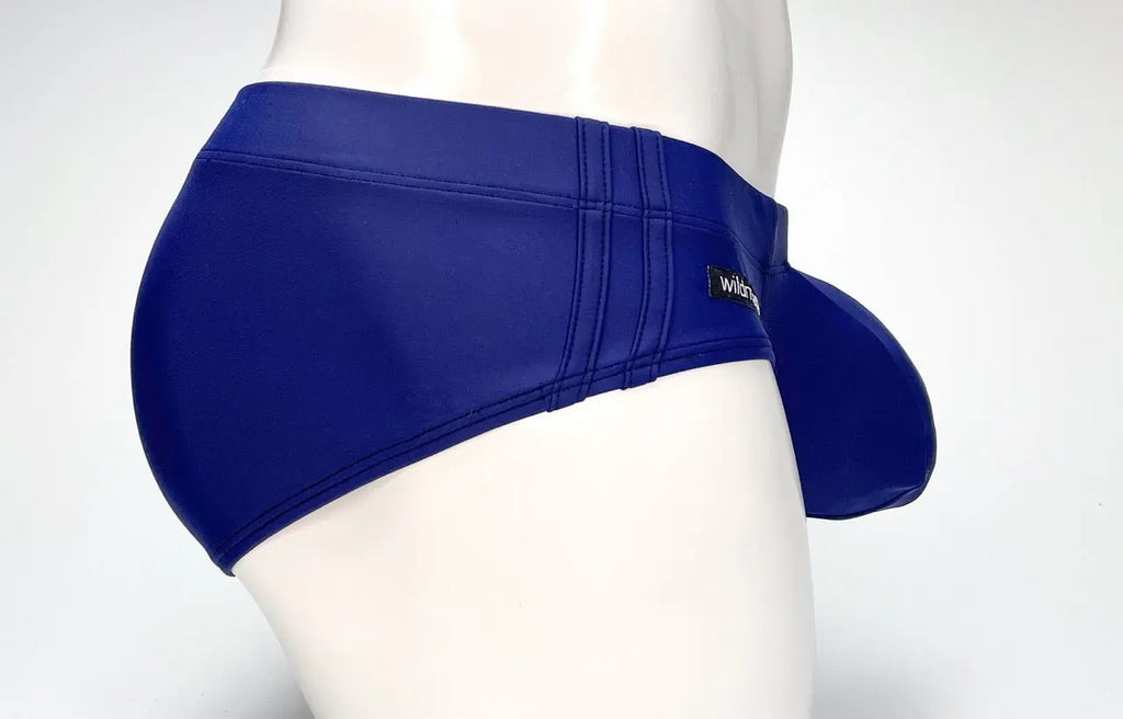 Blue swim briefs with a side panel on a white mannequin.