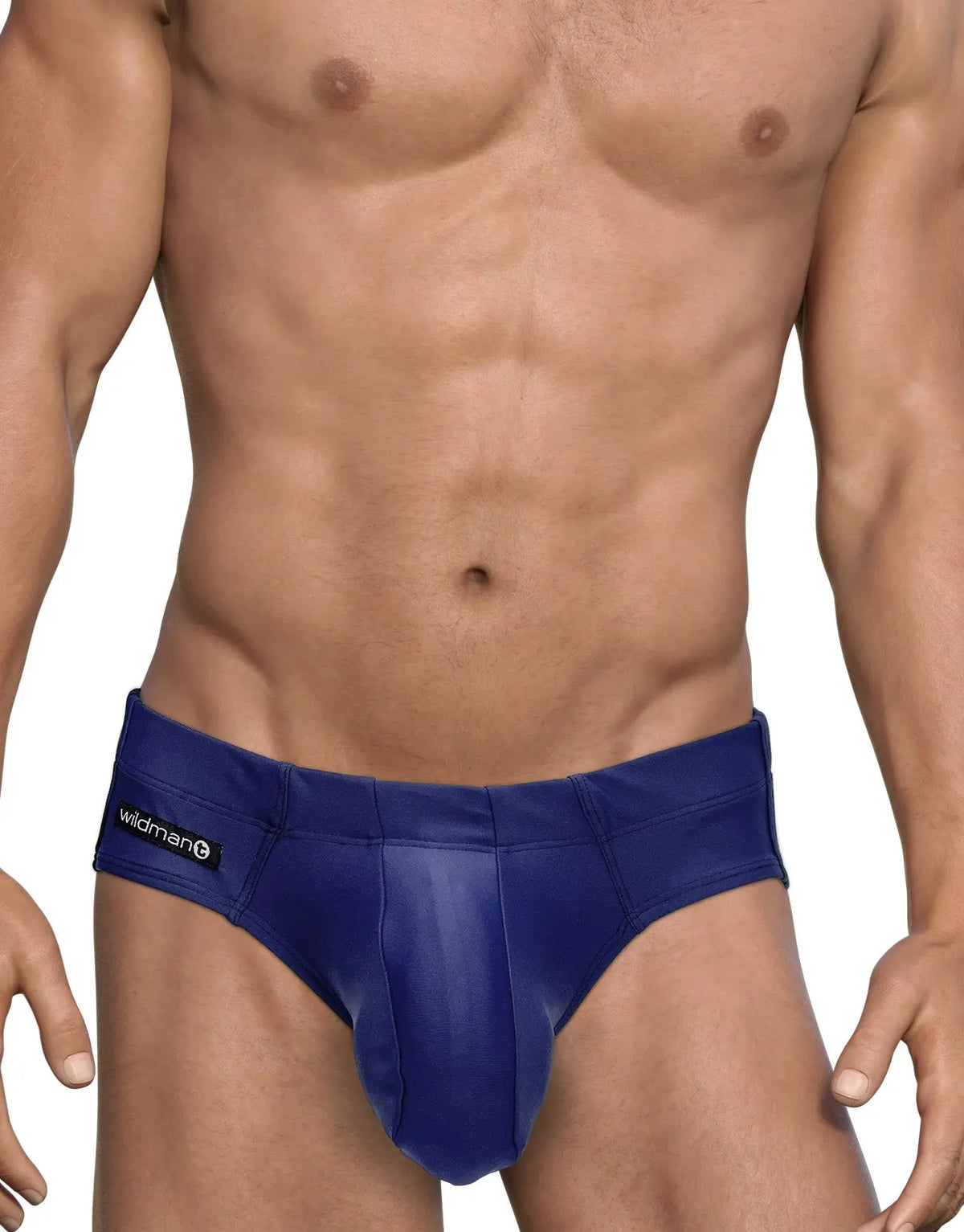 Torso of a person wearing blue briefs with a black label, on a white background.
