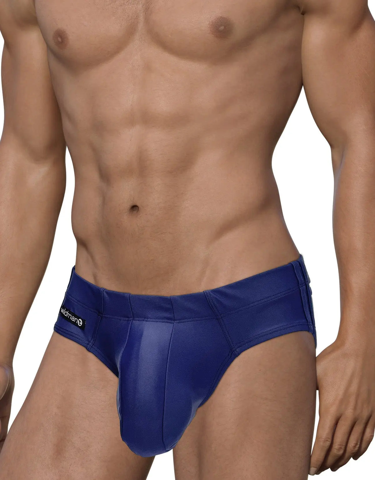 Torso of a person wearing blue briefs against a white background.