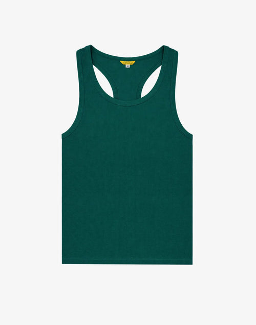 Dark green ribbed racerback tank top with scoop neck and yellow brand label