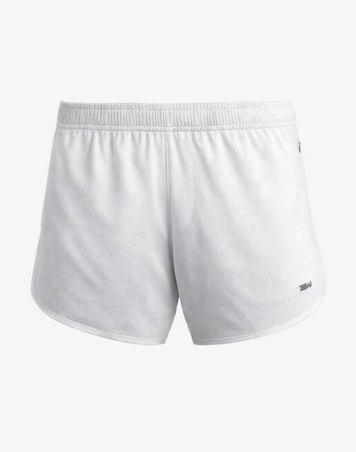 White athletic shorts with elastic waistband and curved hem