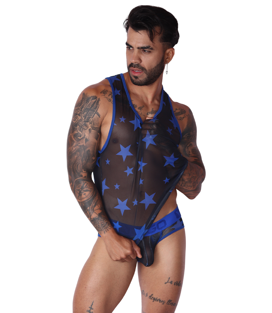 Gigo Star blue mesh tank top, front view, featuring a sheer fabric with blue star print and matching trim.