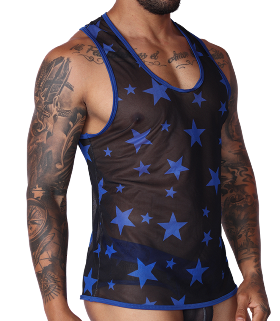 Gigo men's side-view tank in sheer black mesh with blue star print and blue trim.