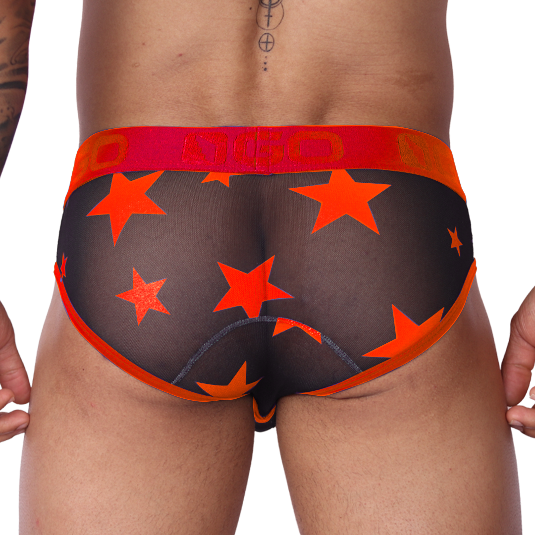 Back view of Gigo Star red brief in sheer black fabric with orange star print and branded elastic waistband.