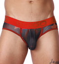 Front view of Gigo red star print mesh brief with an orange logo waistband and contour pouch.