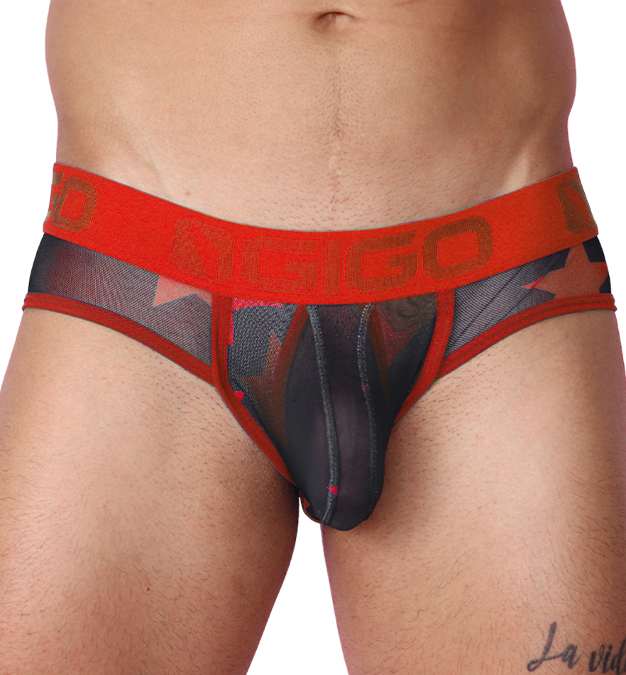 Front view of Gigo red star print mesh brief with an orange logo waistband and contour pouch.