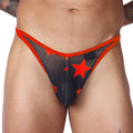 Front view of Gigo red star print sheer mesh G-string with vibrant orange trim and logo patch.