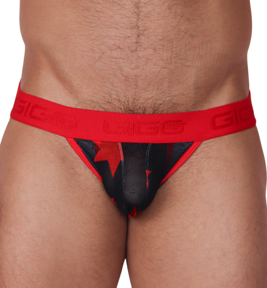 Front view of Gigo Star red jockstrap featuring black mesh fabric with red star print and logo elastic waistband.