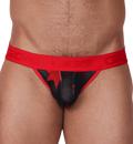 Front view of Gigo Star red jockstrap featuring black mesh fabric with red star print and logo elastic waistband.
