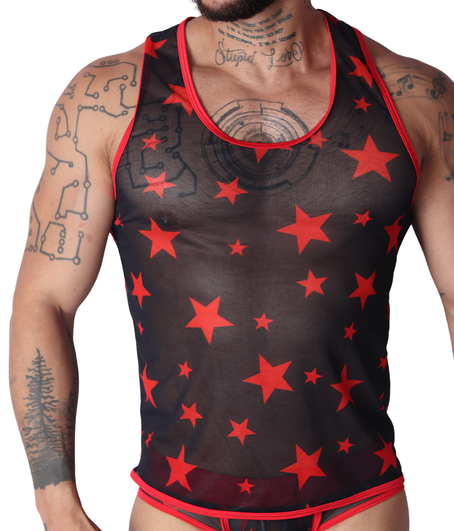 Front view of Gigo Star red and black sheer mesh tank top with all-over red star print and red trim.