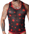 Front view of Gigo Star red and black sheer mesh tank top with all-over red star print and red trim.