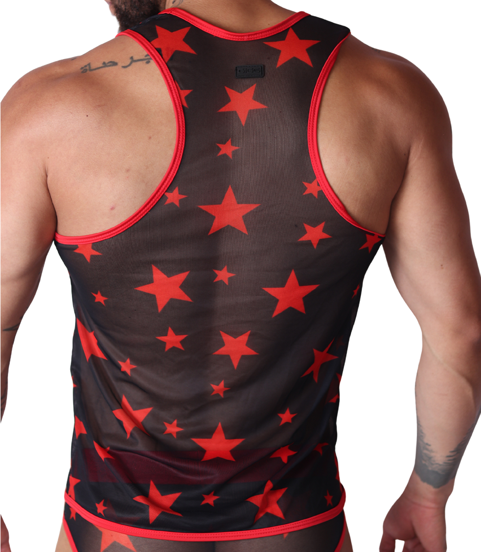 Gigo black mesh tank top with red star print, racerback style seen from the back view.