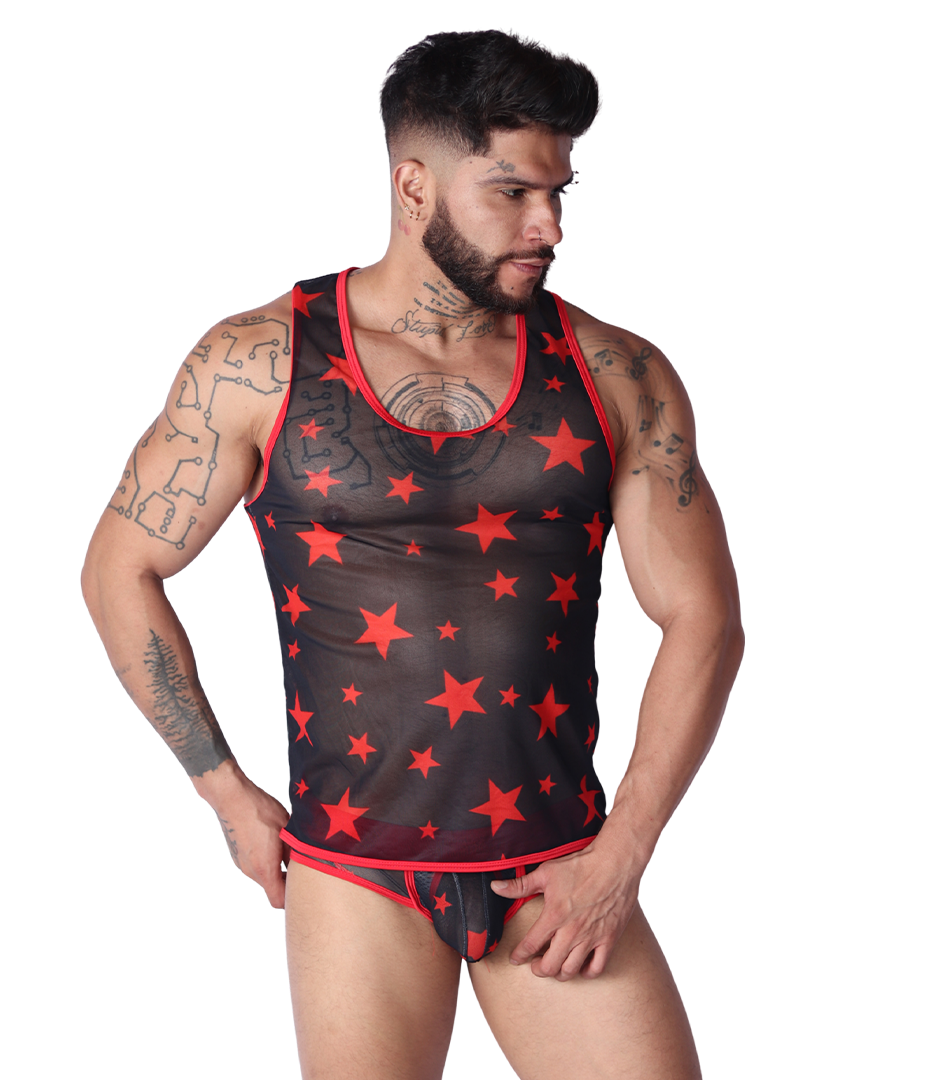 Gigo Star Red mesh tank top, front view, featuring a sheer black fabric with red star print and red trim.
