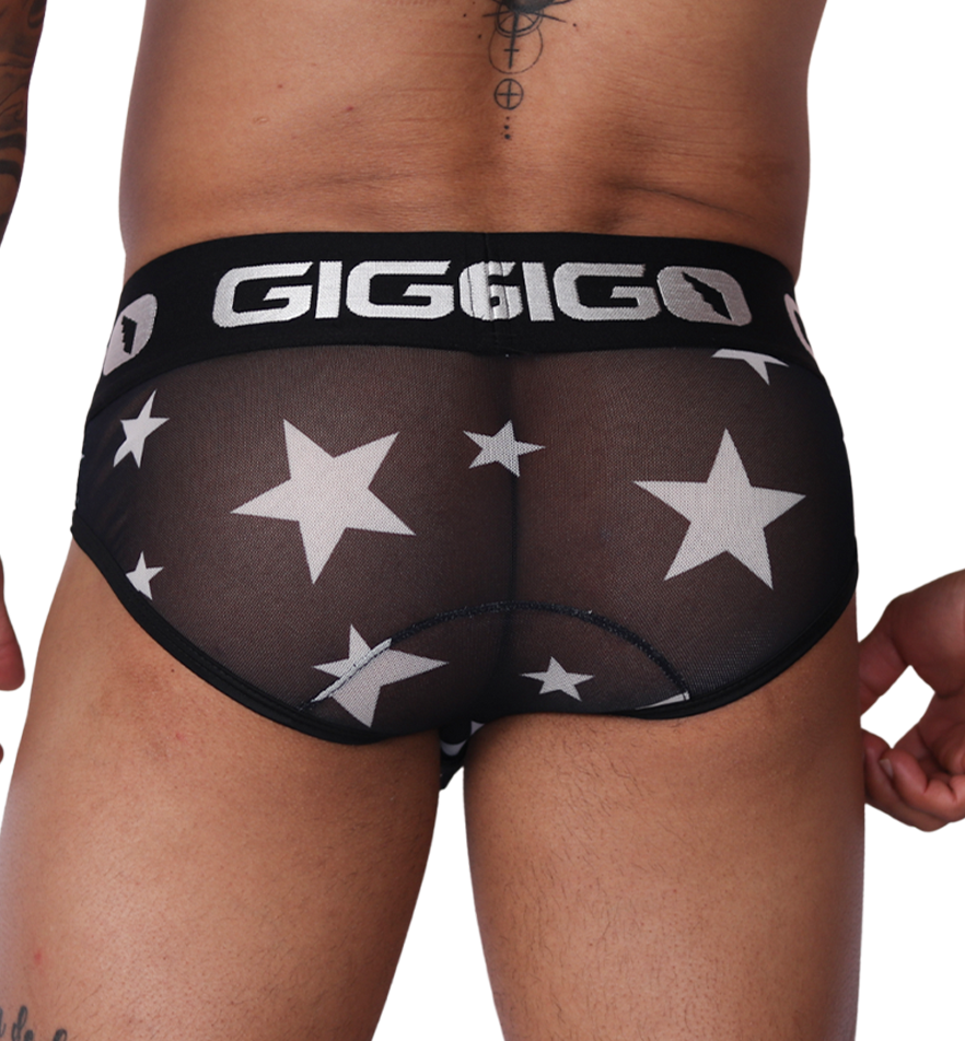 Back view of Gigo Star sheer mesh brief in black with white star print and branded elastic waistband.