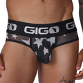 Front view of Gigo Star white brief in sheer mesh fabric with black waistband and star pattern.