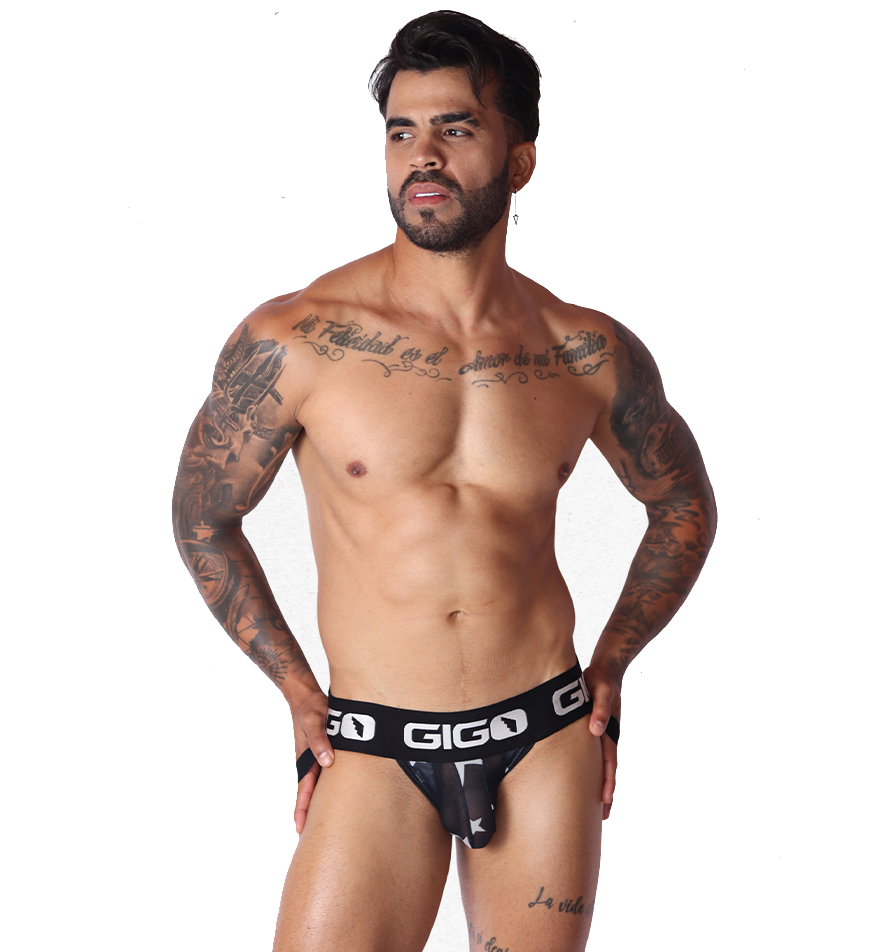 Front view of a Gigo Star white jockstrap with black waistband and sheer star-patterned fabric on a male model.