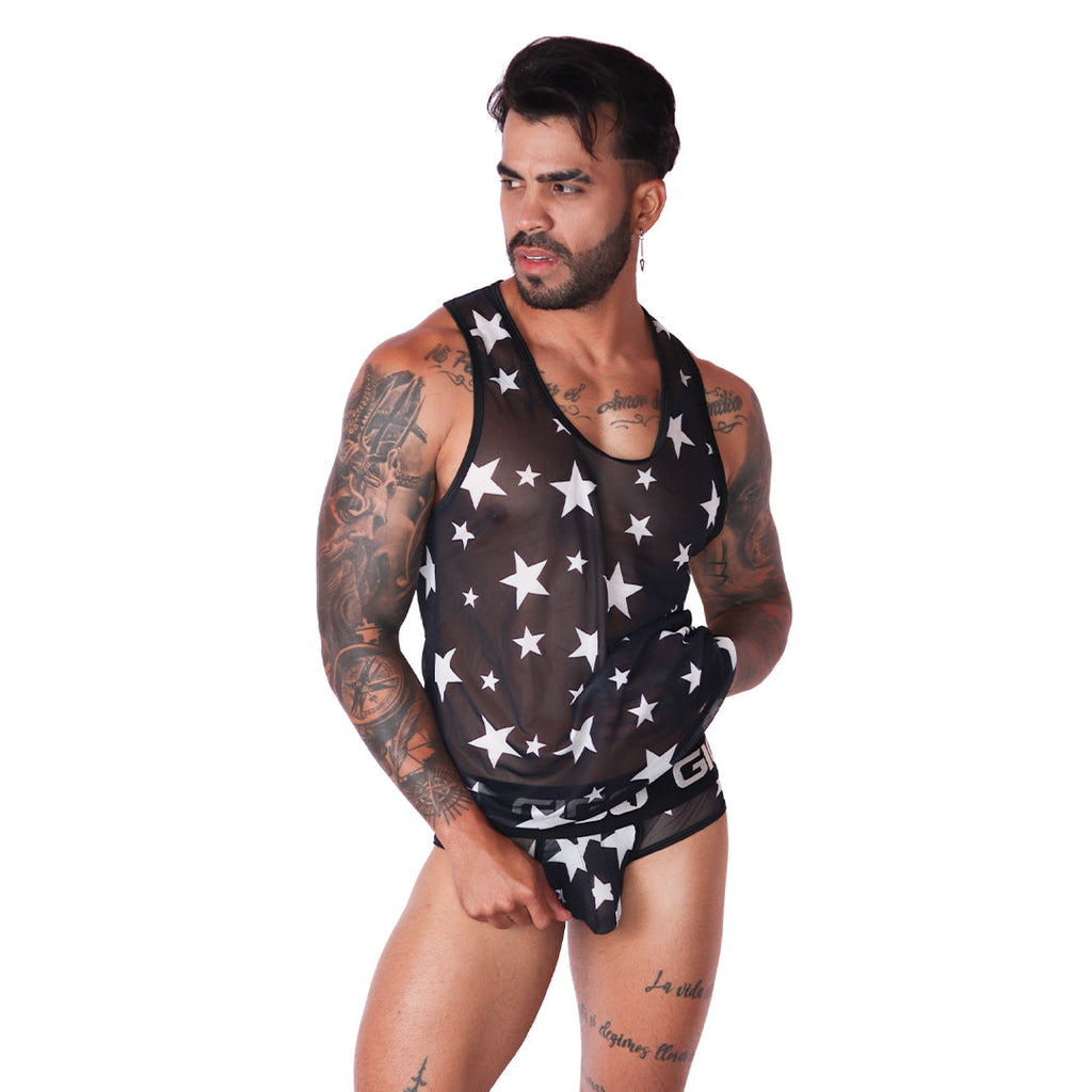 Front view: Gigo black sheer mesh tank top with white star pattern and matching print briefs.