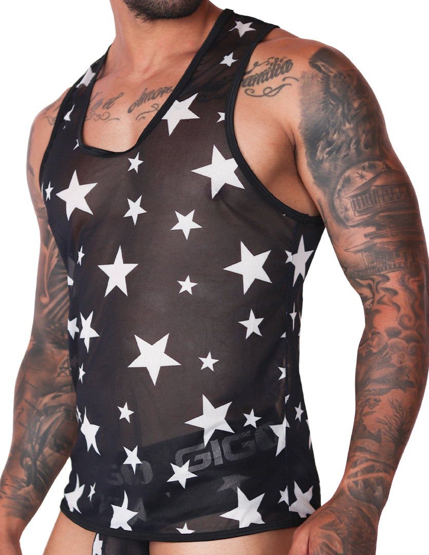 Gigo black mesh star print tank top, side view showing sheer fabric and fitted sleeveless style.