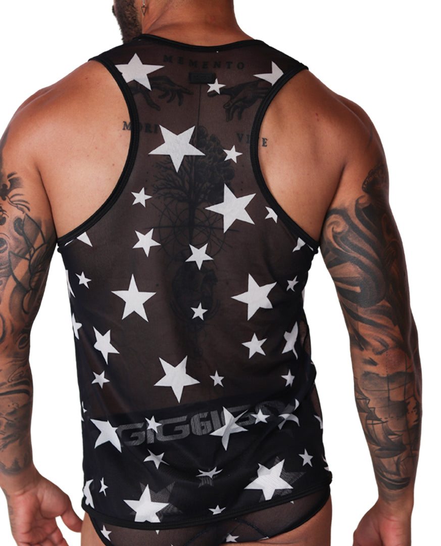 Back view of black mesh Gigo tank top with white star print pattern on a male model.