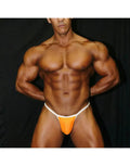 Orange neon thong underwear by Arroyman featuring a minimal design and contrasting white waistband modeled on a muscular figure.