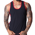 Front view of Gigo Typer black tank top with red trim, soft fabric, worn by a tattooed man against a black background.