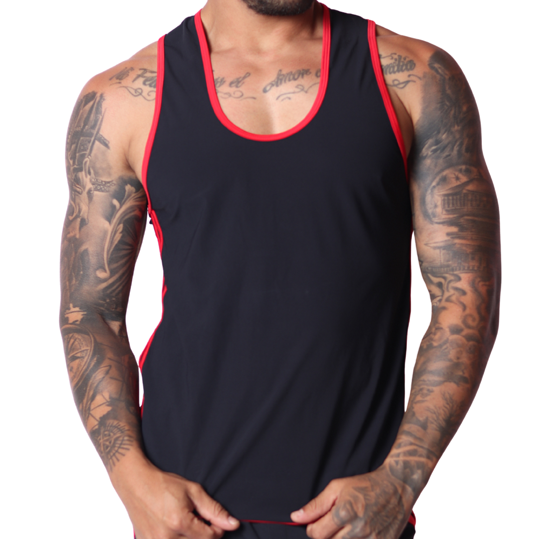 Front view of Gigo Typer black tank top with red trim, soft fabric, worn by a tattooed man against a black background.