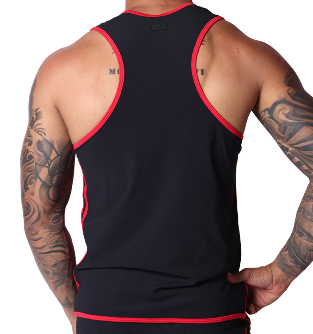 Back view of Gigo Typer black tank top with red trim, soft microfiber fabric, and racerback design.